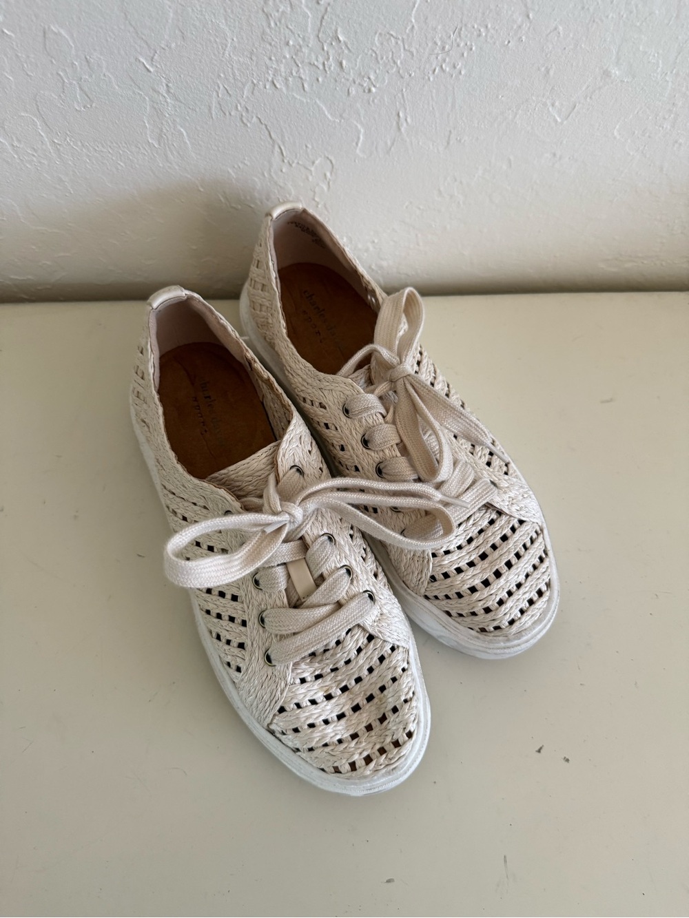 Charles David Cream Woven Lace-Up Sneakers